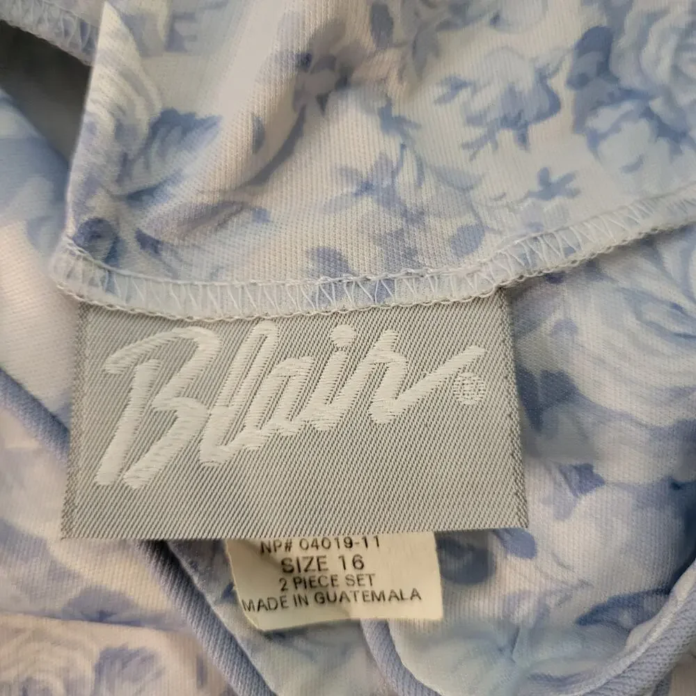 Blair Women's Blue White Floral 2 Piece Skirt Suit Set Size 16